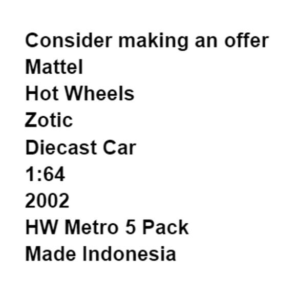 Mattel Hot Wheels Zotic Diecast Car HW Metro 5 Pack 2002 Blue Collectible - Picture 2 of 9